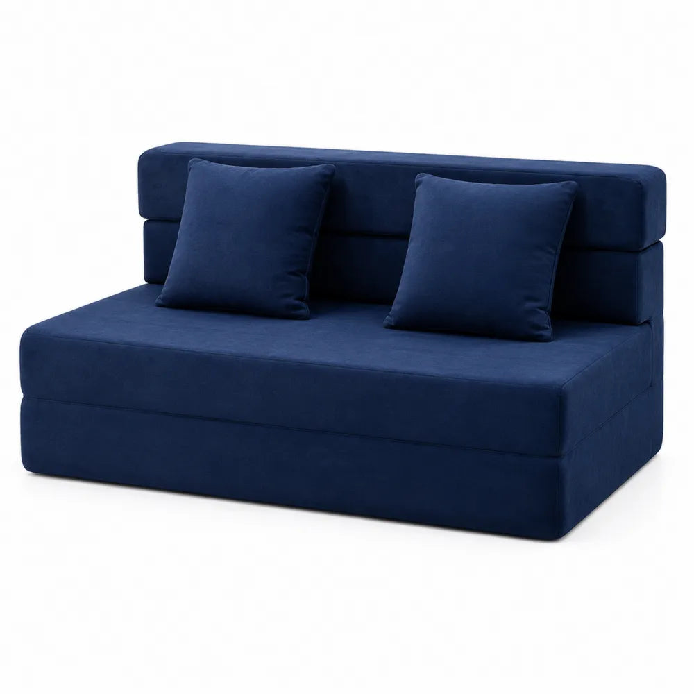 Sofa rozkładana z aksamitu w kolorze granatowym z dwoma poduszkami