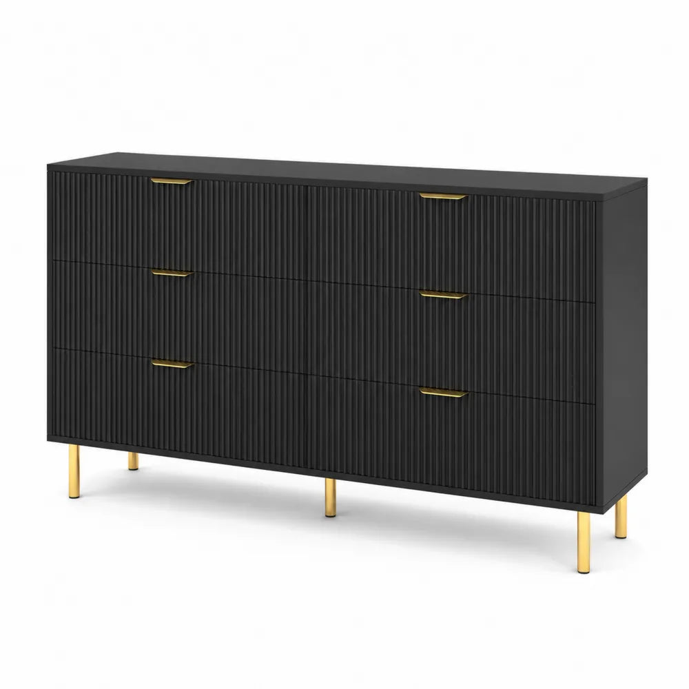 Czarna komoda z MDF i metalowymi nogami, 6 szuflad, 120x40x80 cm