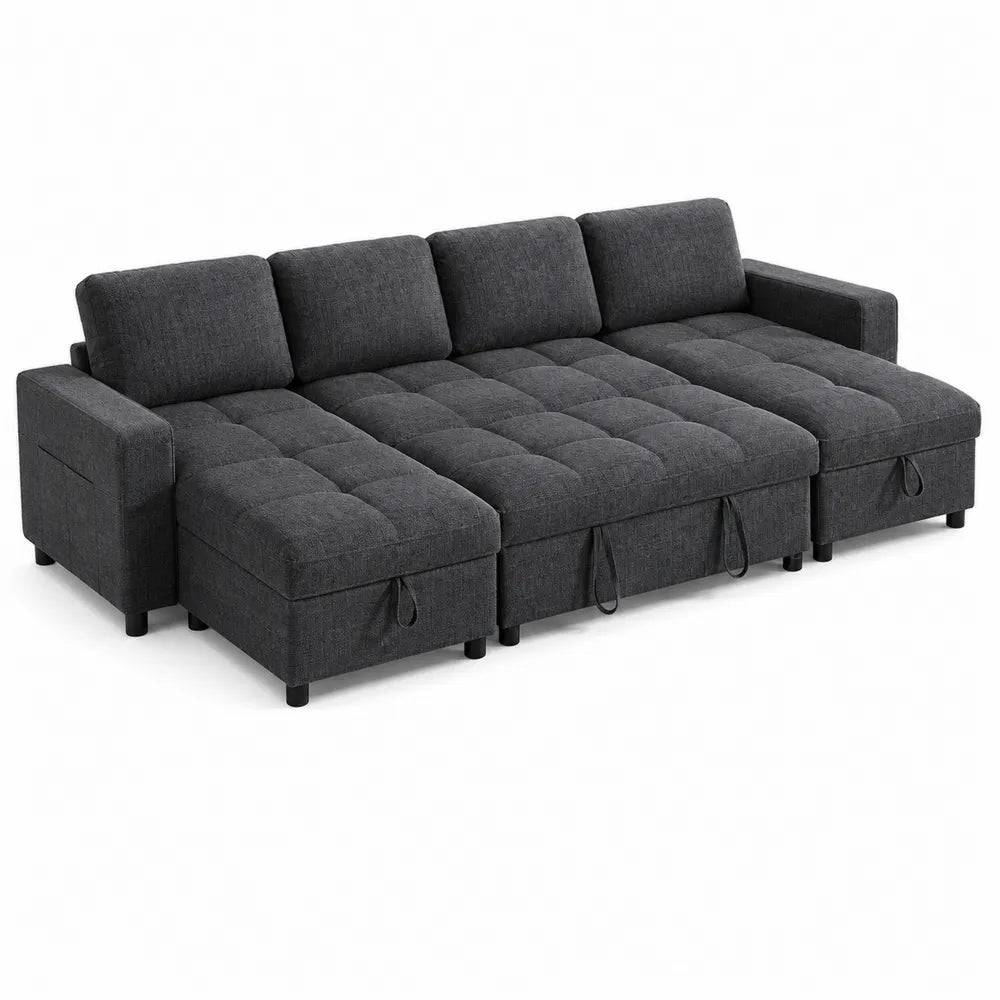 Narożna Sofa Rozkładana z Tkaniny i Drewna Ciemnoszara