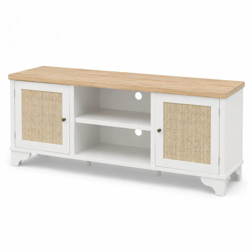 Szafka RTV z drzwiami rattanowymi, MDF i drewno, 120x40x50 cm