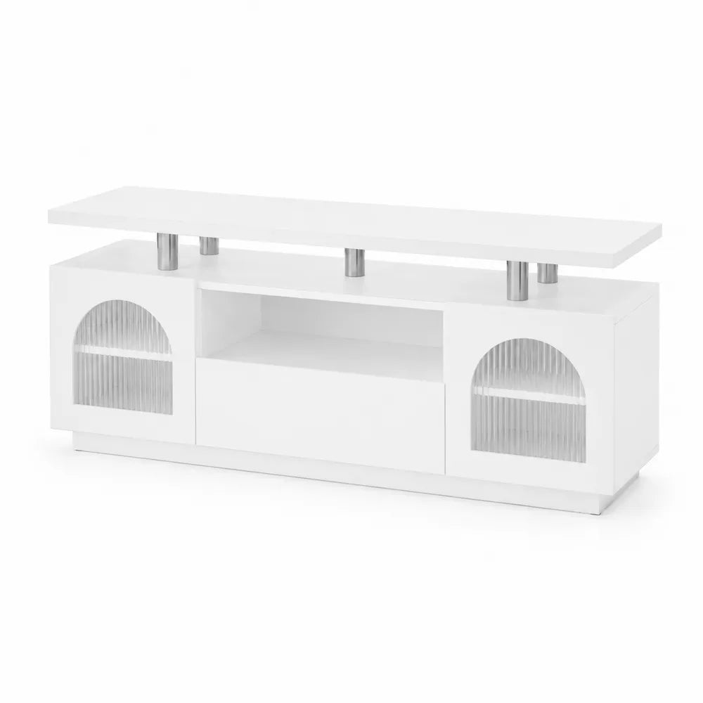 Biała szafka RTV z MDF i szkła z metalowymi elementami 150x40x50 cm