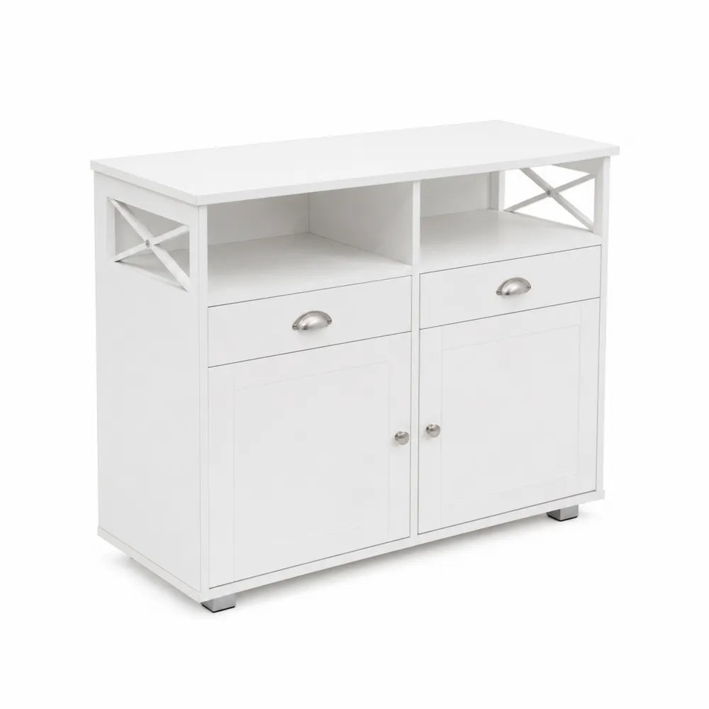 Biały kredens z MDF o wymiarach 100x35x80 cm z drzwiami uchylnymi