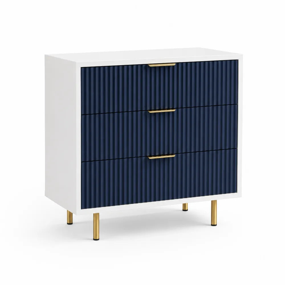 Komoda z Trzema Szufladami MDF Biały Granatowy Złote Elementy 81x80x40 cm
