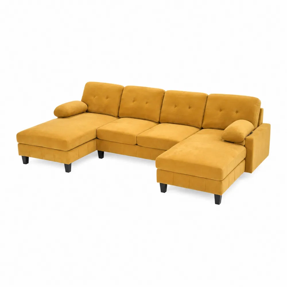 Narożna sofa z szezlongiem z żółtej tkaniny welurowej